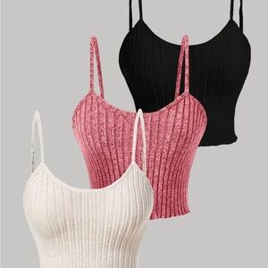 Stylish Ribbed Knit Camisole Trio - Black, Pink, and Cream
